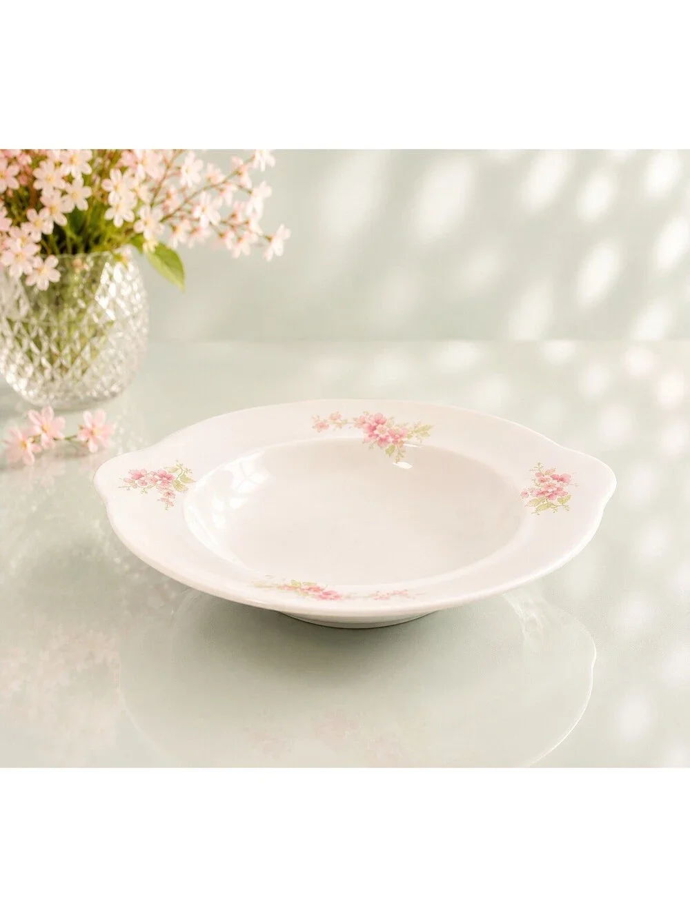 O&EG Royal Austria 1900s Pink Floral Porcelain Cream Soup Bowl, 7.5x1.25”
